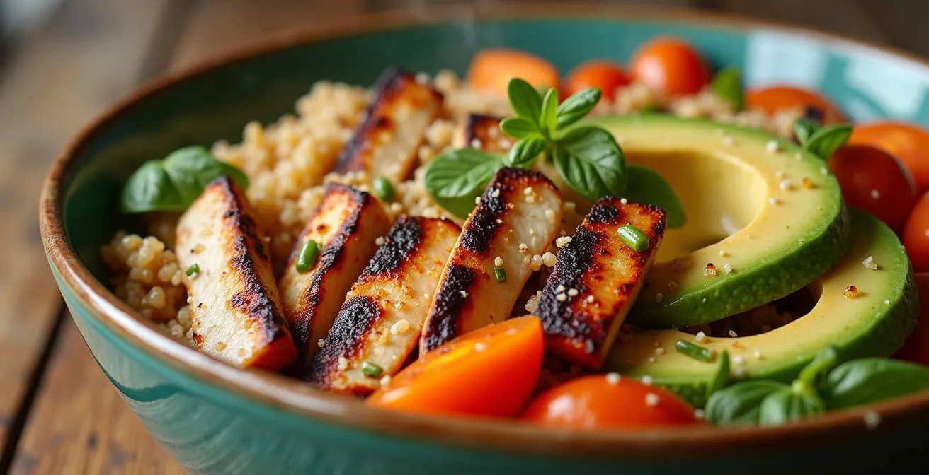 Gros plan sur un plat équilibré coloré adapté aux besoins des grimpeurs