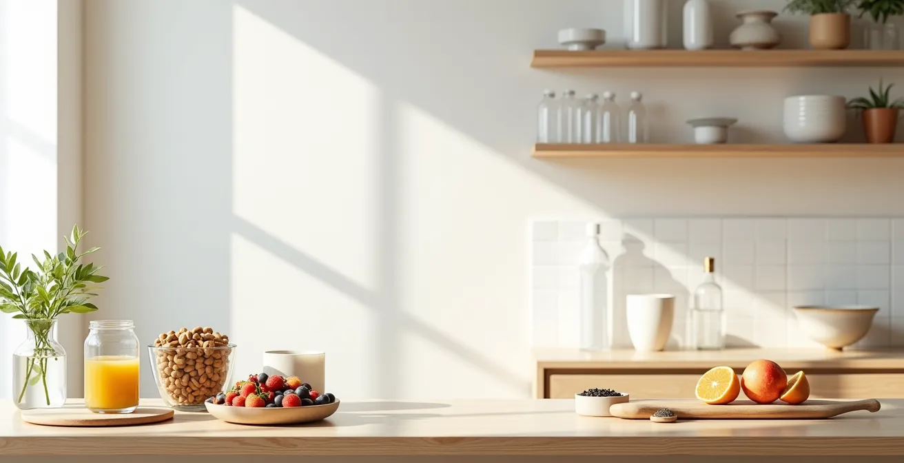 Vue minimaliste d'un espace de restauration épuré avec des aliments frais disposés de manière accessible