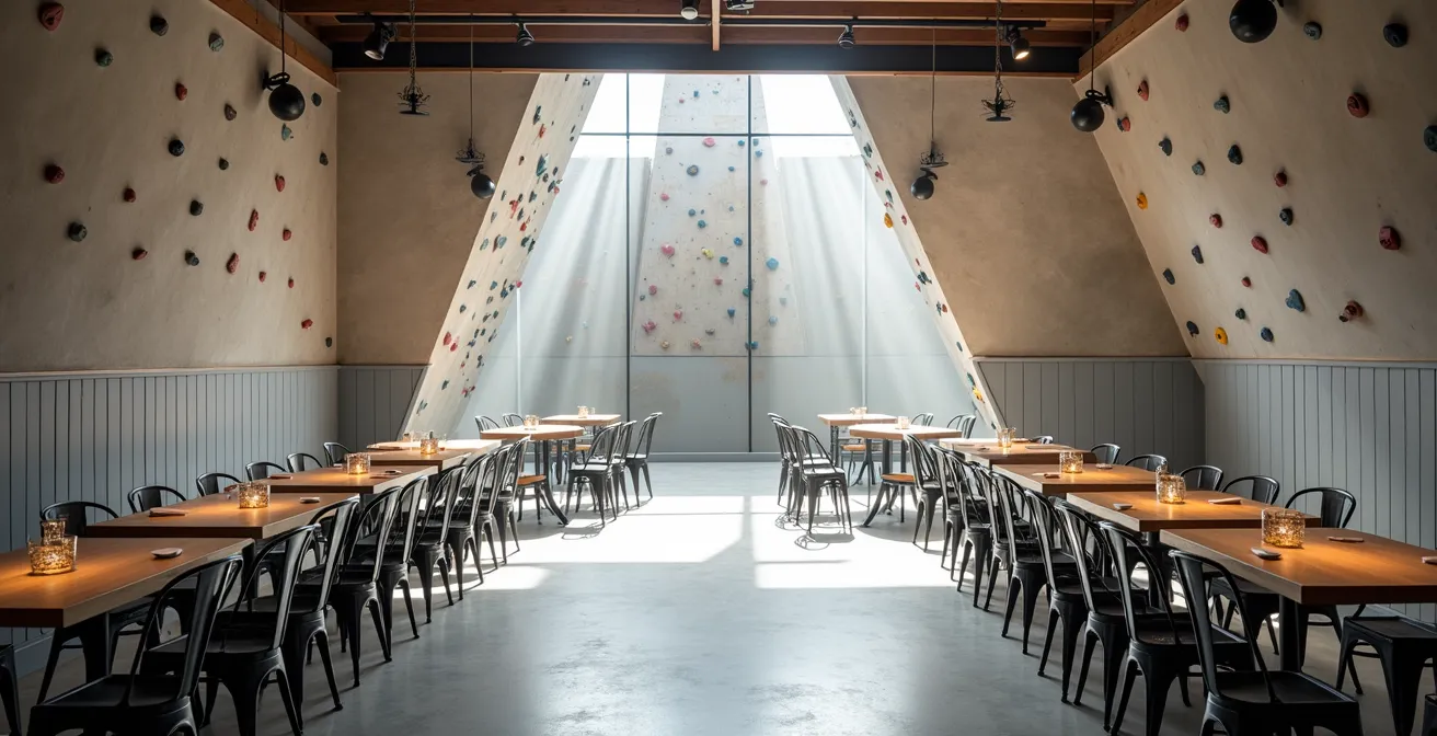 Espace restaurant avec vue sur les murs d'escalade aux volumes impressionnants
