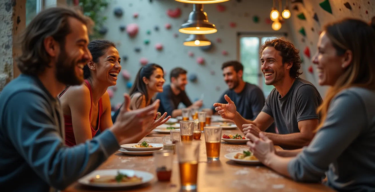 Groupe de grimpeurs partageant un moment convivial autour d'une table après leur session
