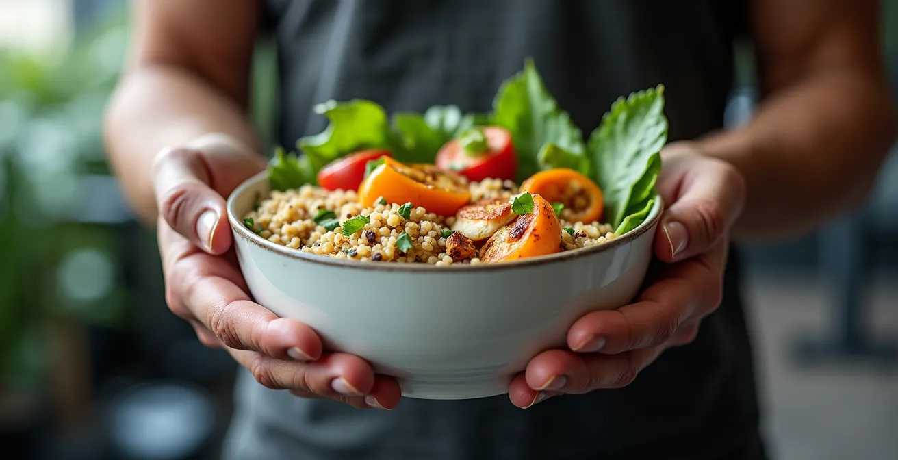 Gros plan sur une main tenant un bol de nourriture équilibrée avec une montre sportive au poignet montrant le chrono