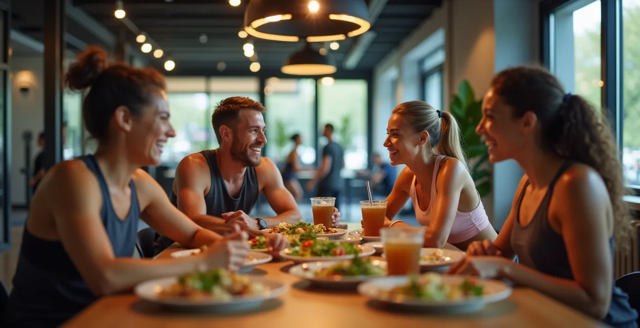 Groupe de sportifs partageant un moment convivial autour d'une table après l'entraînement