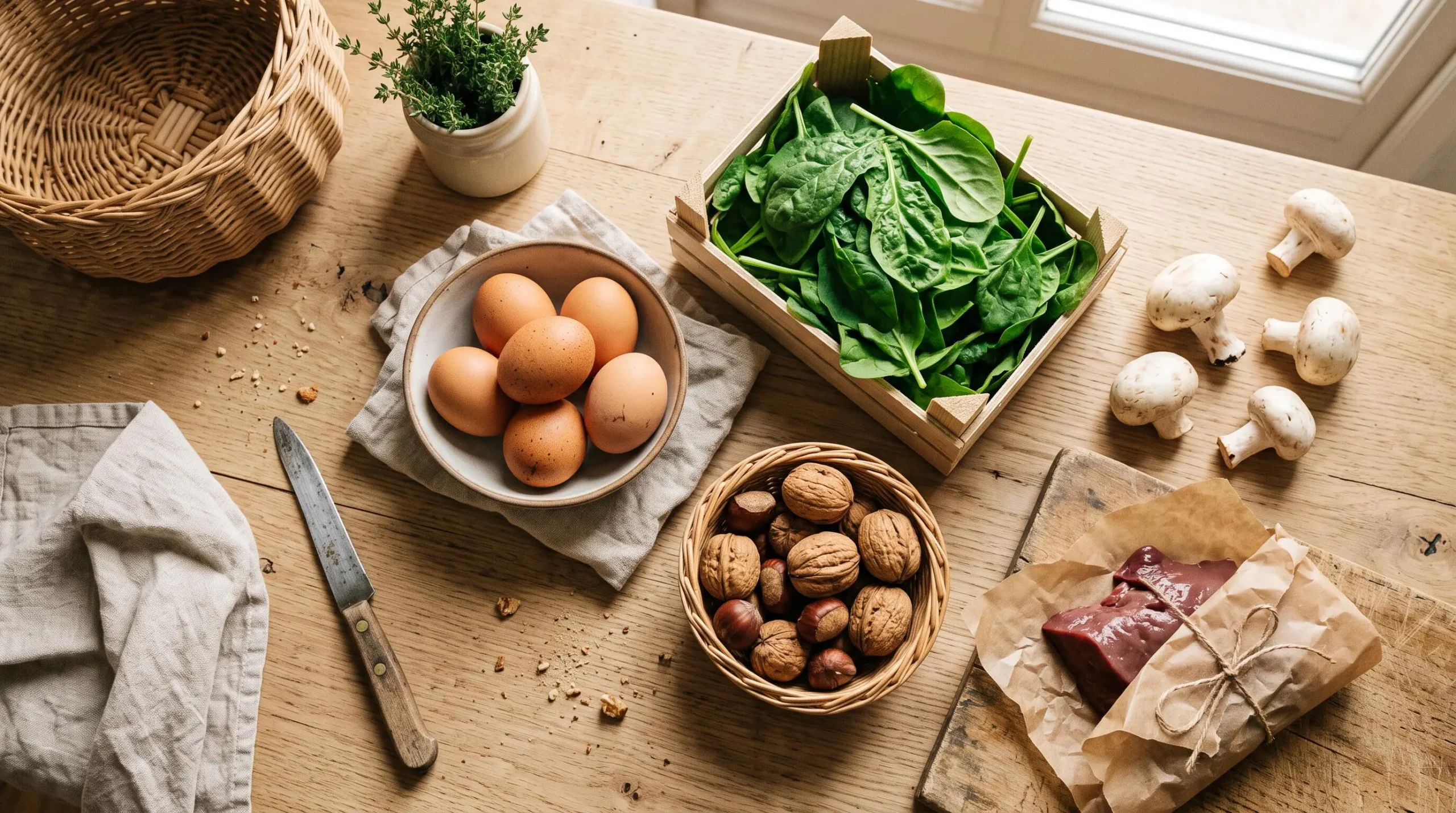 Aliments riches en biotine disposés sur une table en bois clair : œufs frais, champignons, épinards et noix, sources naturelles de vitamine B8