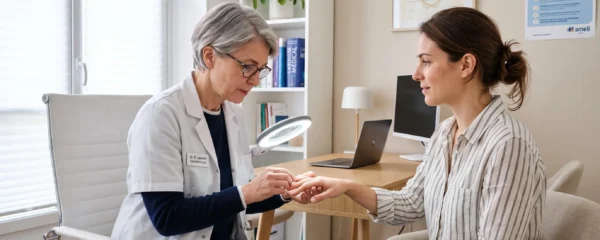 Dermatologue examinant les ongles d'une patiente dans un cabinet médical moderne, consultation santé sur l'état des ongles et carences nutritionnelles
