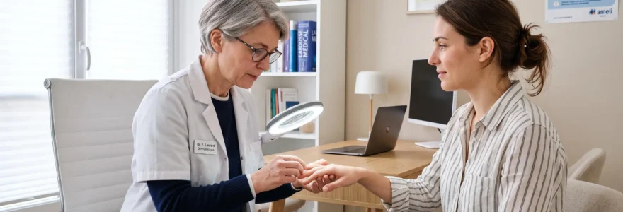 Dermatologue examinant les ongles d'une patiente dans un cabinet médical moderne, consultation santé sur l'état des ongles et carences nutritionnelles