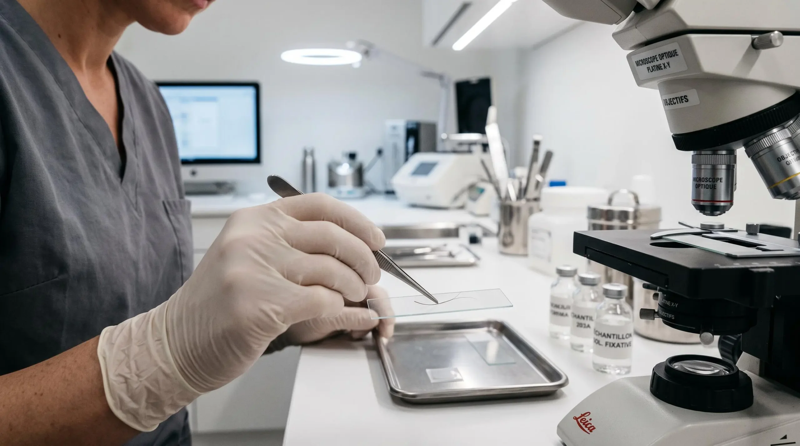 Technicien de laboratoire examinant un cheveu à la loupe dans un laboratoire dermatologique, analyse de la structure capillaire